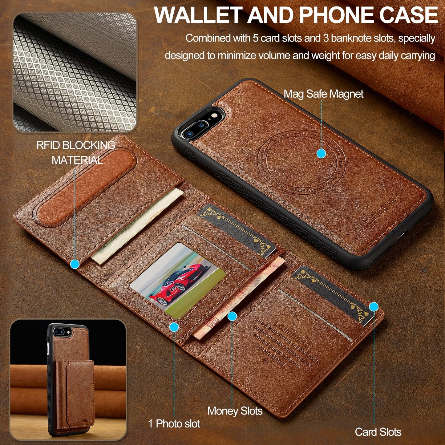 For iPhone 16e LC.IMEEKE L5 Series Detachable RFID Card Bag Magsafe Phone Case(Brown)