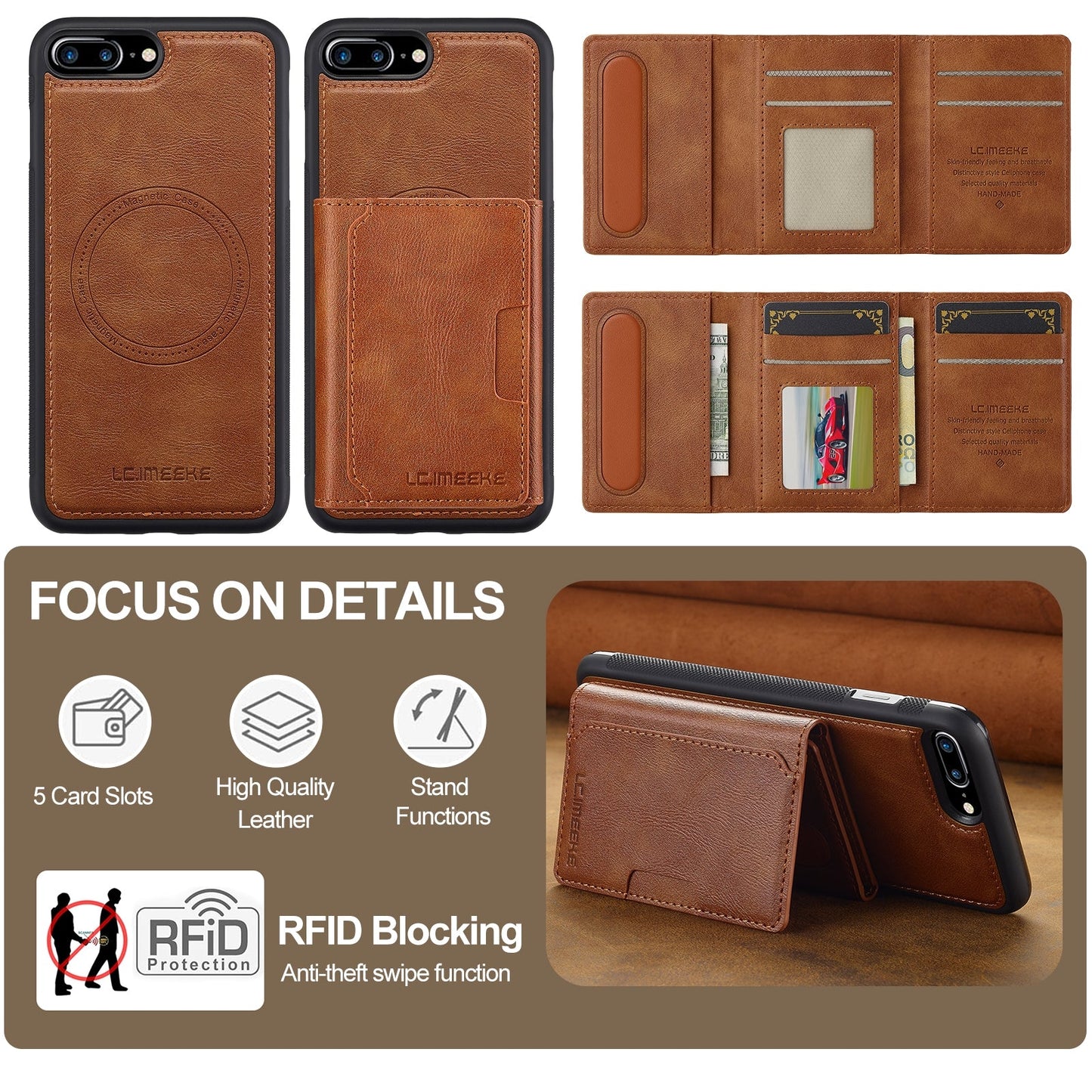 For iPhone 16e LC.IMEEKE L5 Series Detachable RFID Card Bag Magsafe Phone Case(Brown)
