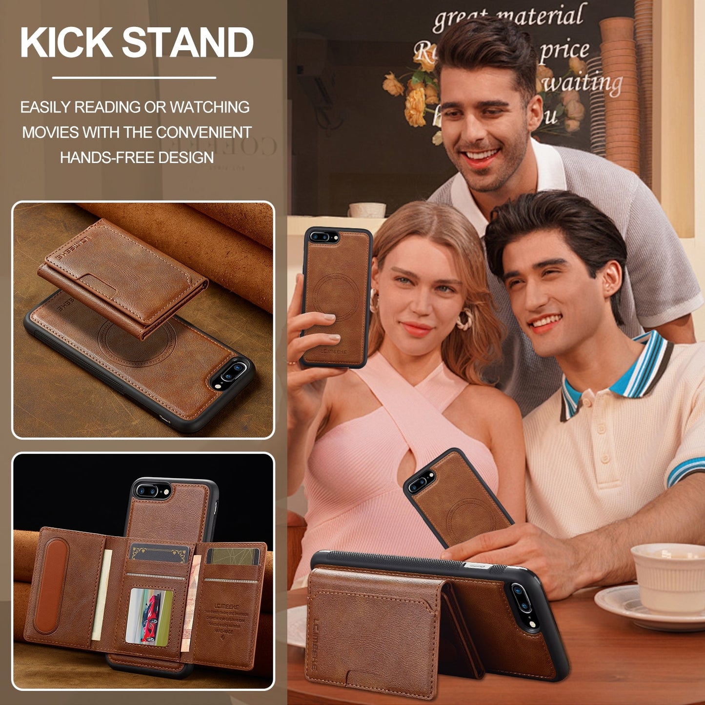 For iPhone 16e LC.IMEEKE L5 Series Detachable RFID Card Bag Magsafe Phone Case(Brown)