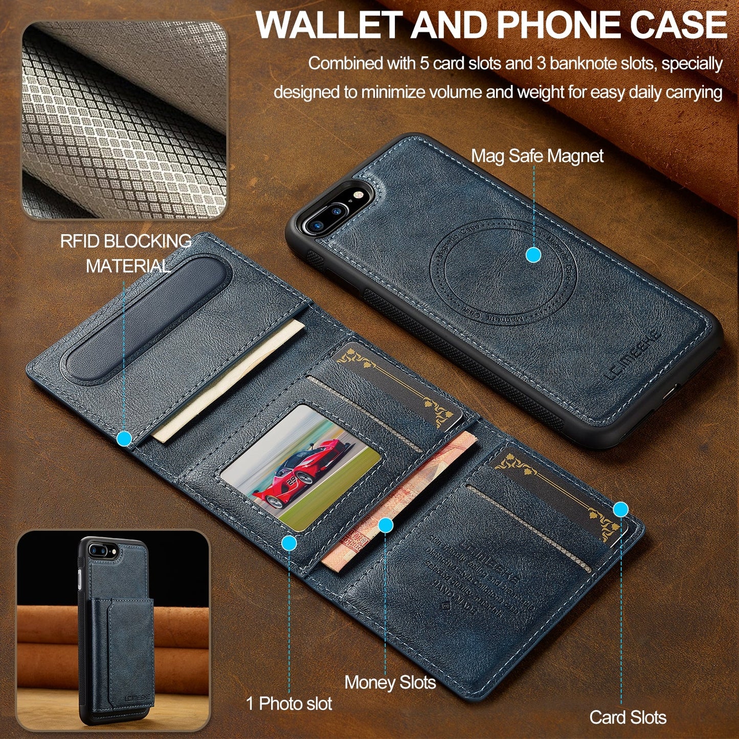 For iPhone 16e LC.IMEEKE L5 Series Detachable RFID Card Bag Magsafe Phone Case(Blue)