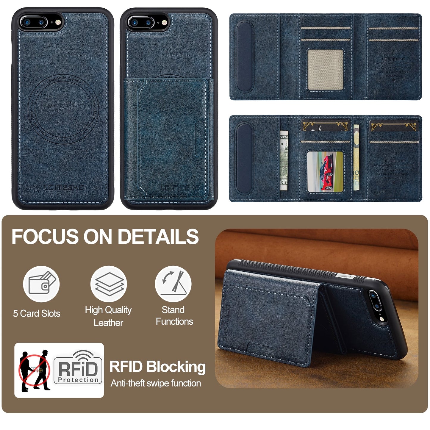 For iPhone 16e LC.IMEEKE L5 Series Detachable RFID Card Bag Magsafe Phone Case(Blue)