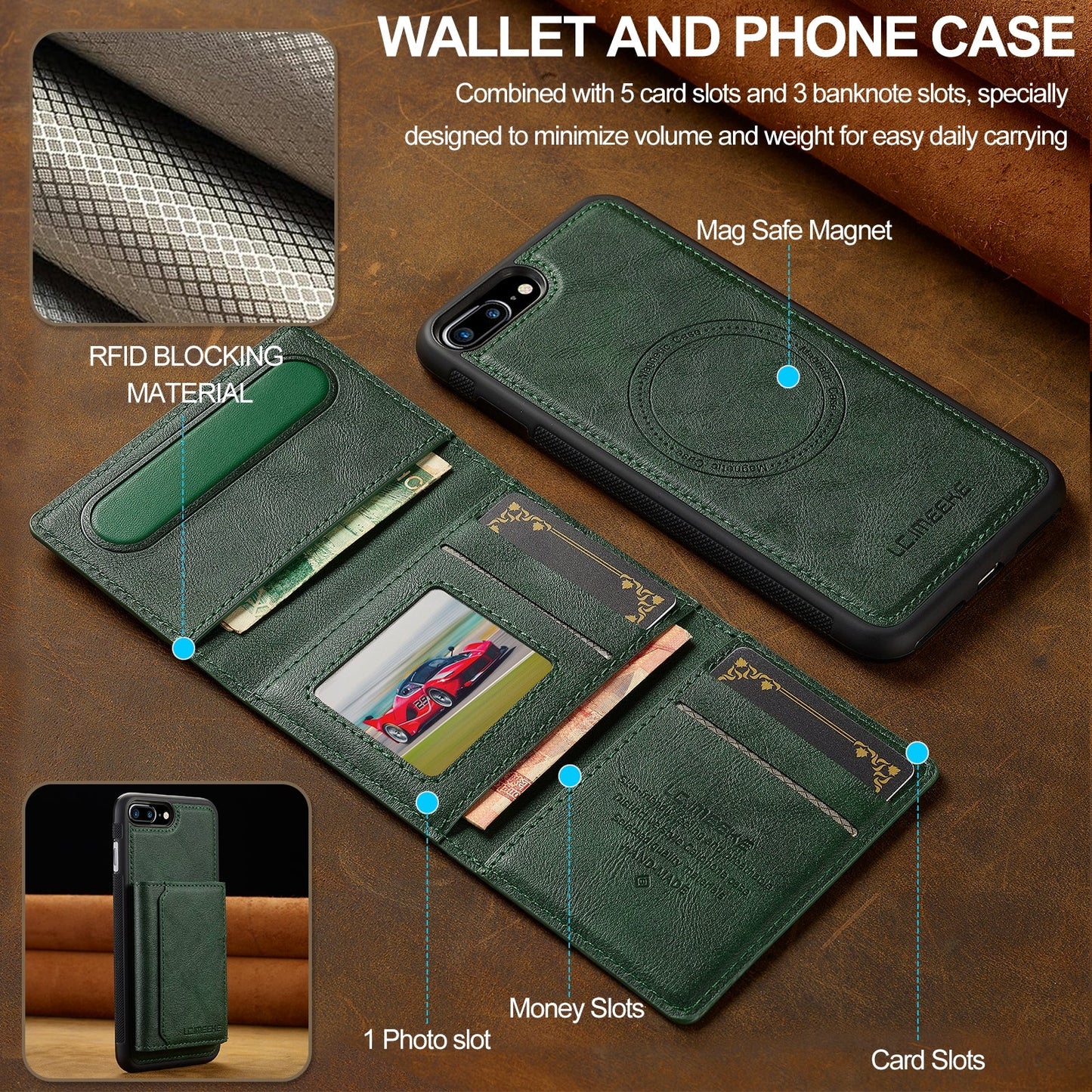 For iPhone 16e LC.IMEEKE L5 Series Detachable RFID Card Bag Magsafe Phone Case(Green)