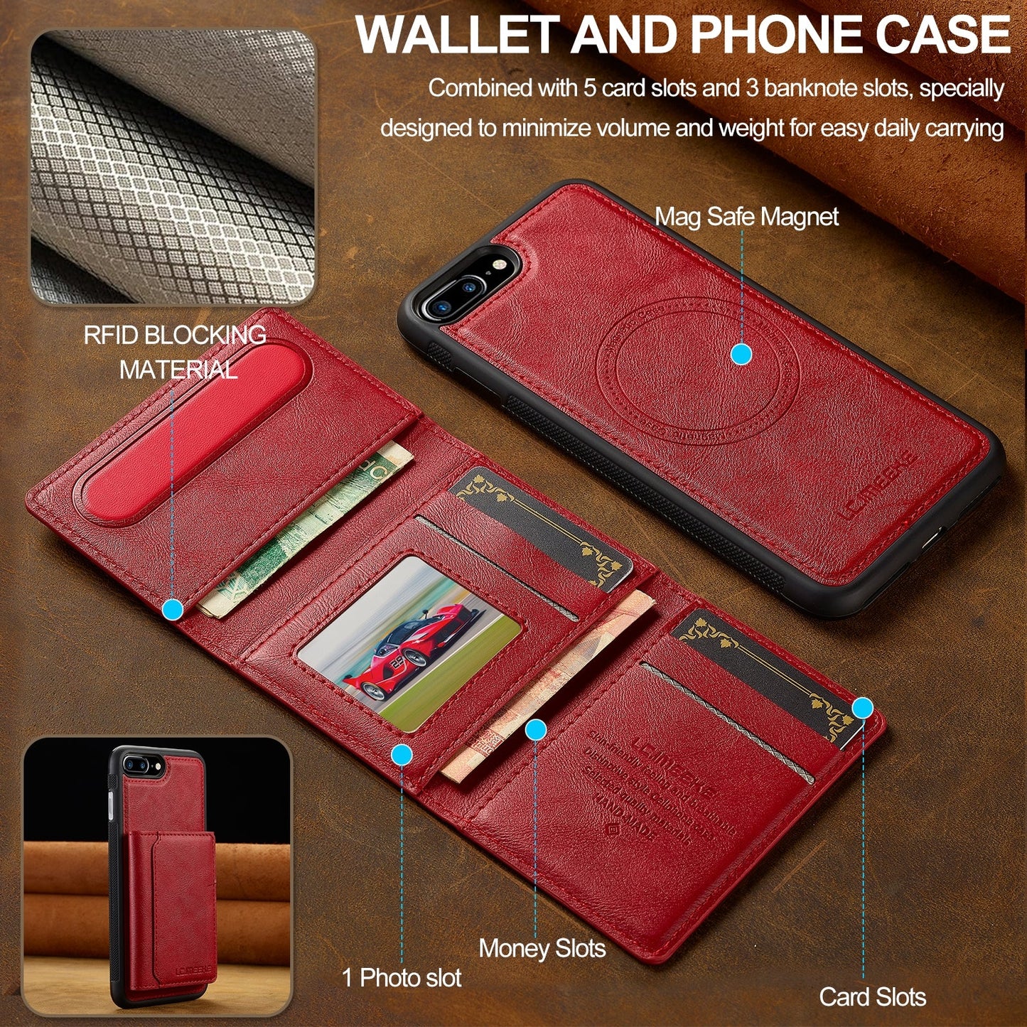 For iPhone 16e LC.IMEEKE L5 Series Detachable RFID Card Bag Magsafe Phone Case(Red)