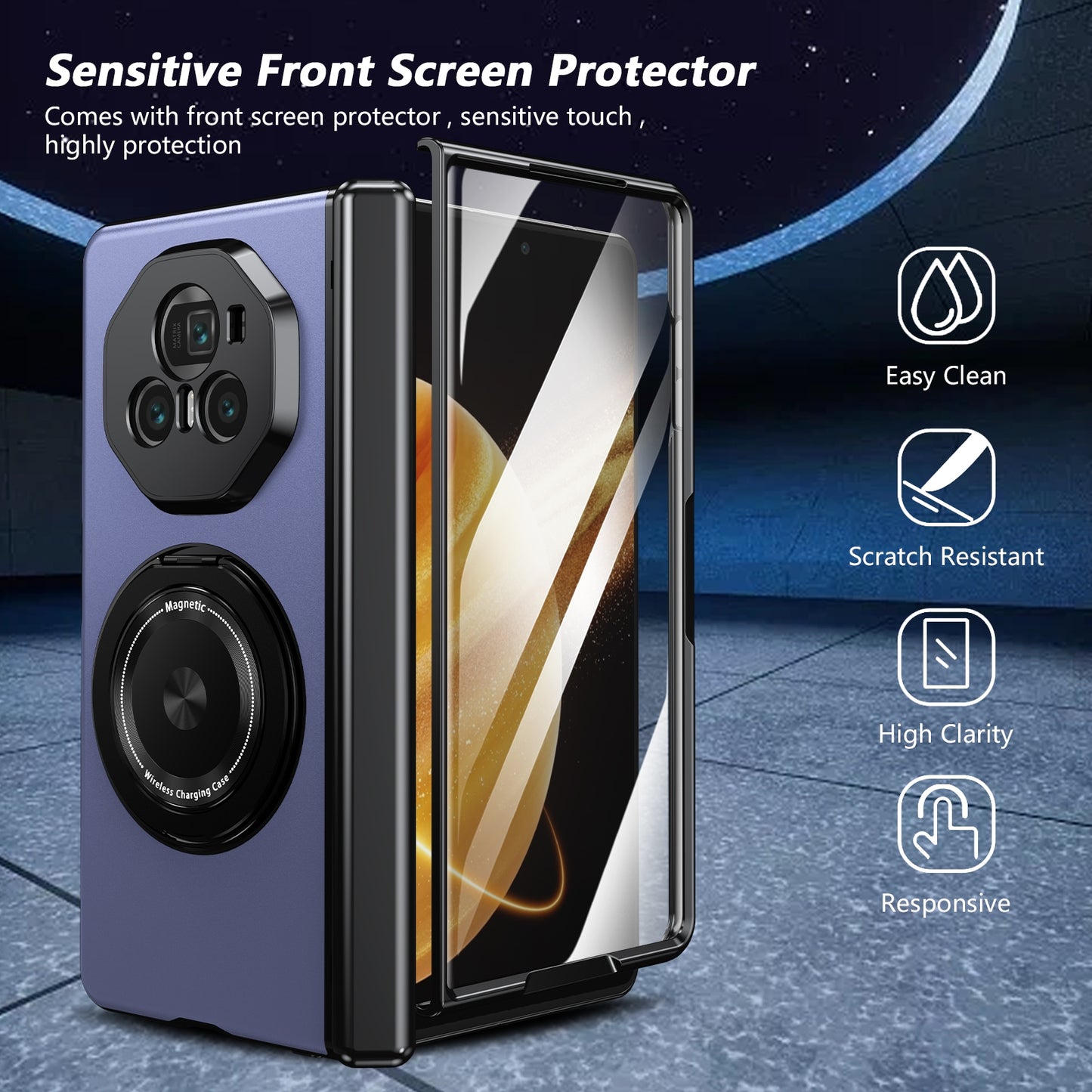 For Honor Magic V3 Gold Medal Rotating Folding Series Ring Holder Phone Case(Blue)