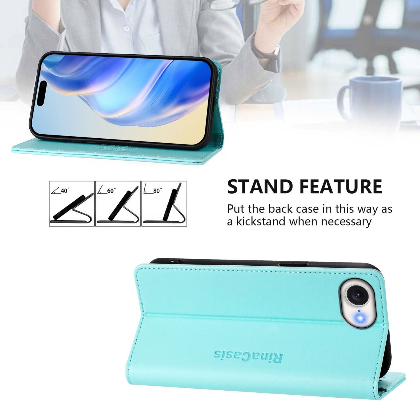 For iPhone 16e RC01 Dual-Folded Magnetic Suction RFID Leather Phone Case(Mint Green)