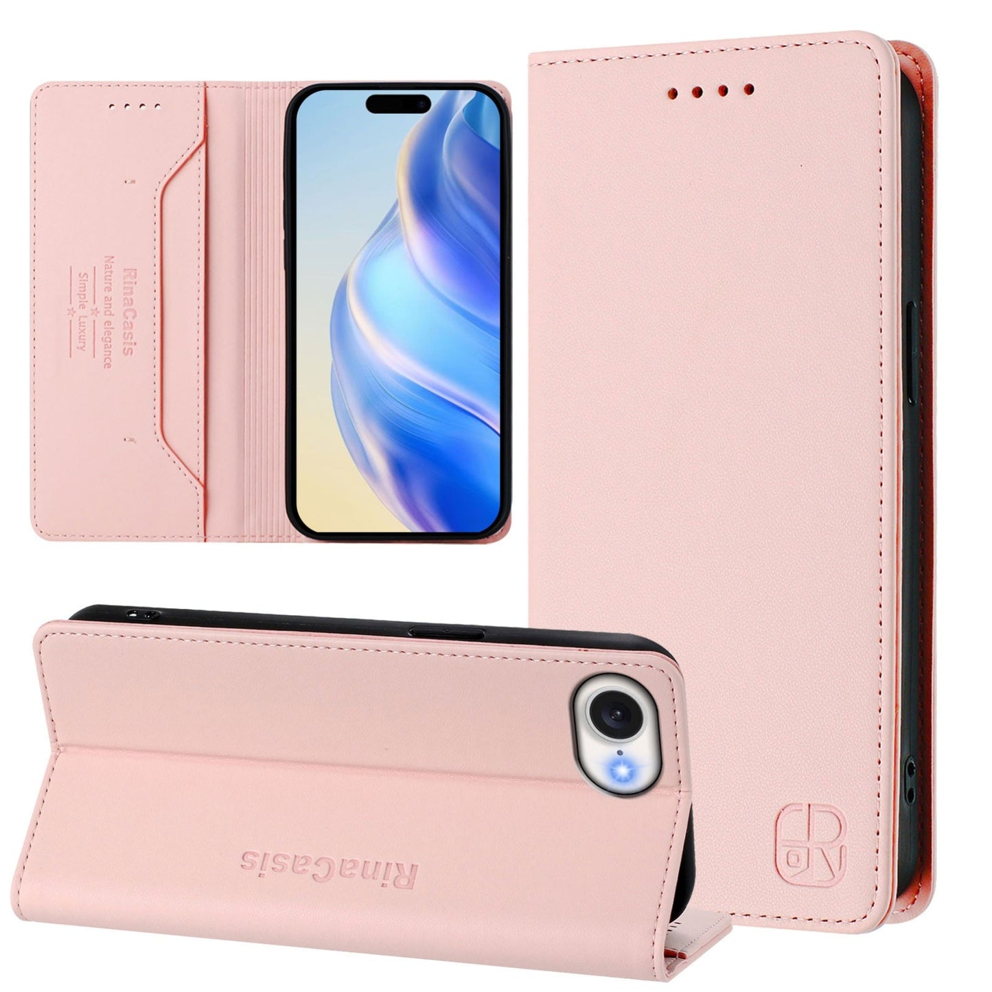 For iPhone 16e RC01 Dual-Folded Magnetic Suction RFID Leather Phone Case(Pink)