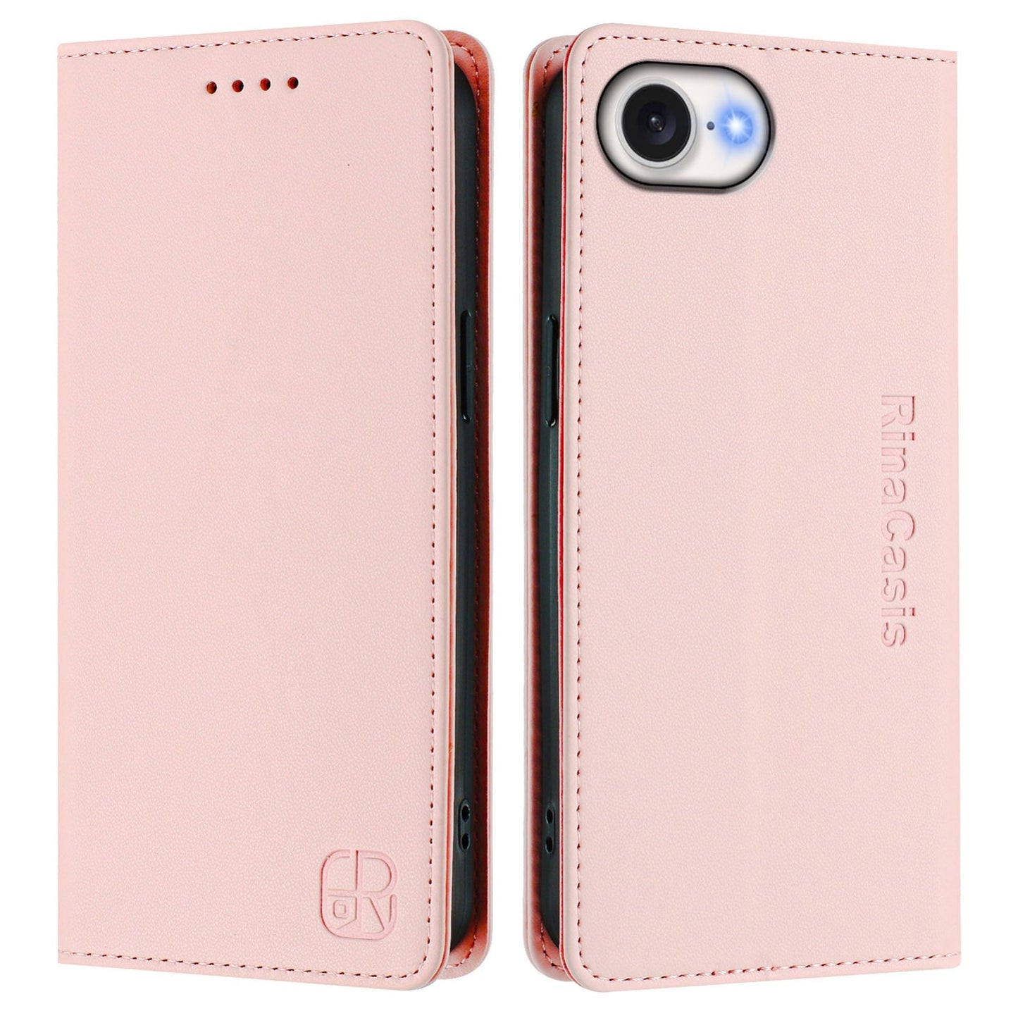 For iPhone 16e RC01 Dual-Folded Magnetic Suction RFID Leather Phone Case(Pink)