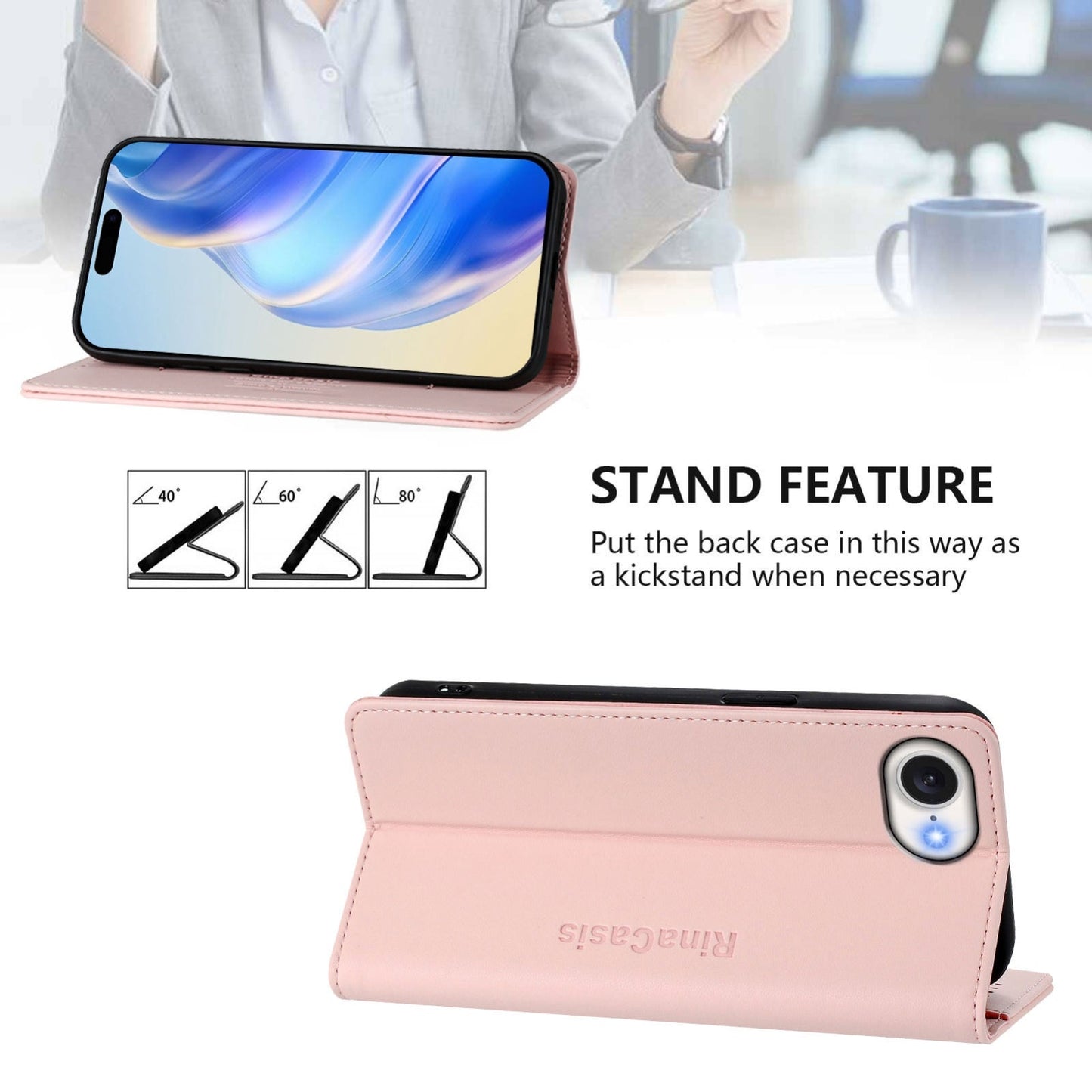 For iPhone 16e RC01 Dual-Folded Magnetic Suction RFID Leather Phone Case(Pink)