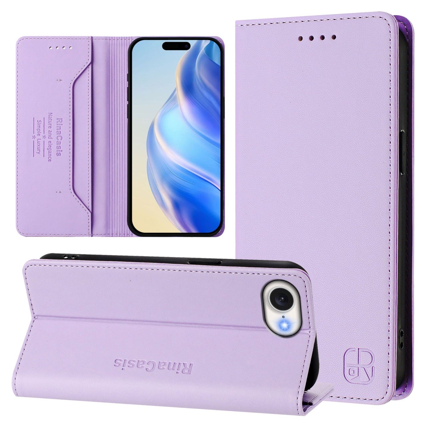 For iPhone 16e RC01 Dual-Folded Magnetic Suction RFID Leather Phone Case(Light Purple)