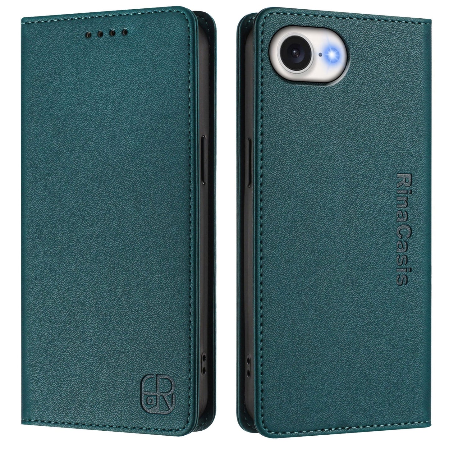 For iPhone 16e RC01 Dual-Folded Magnetic Suction RFID Leather Phone Case(Dark Green)