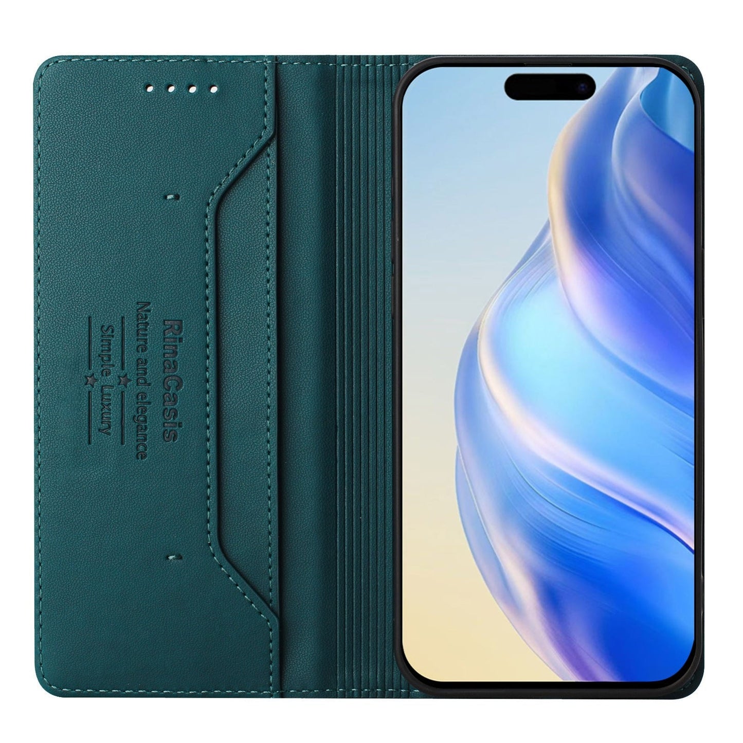 For iPhone 16e RC01 Dual-Folded Magnetic Suction RFID Leather Phone Case(Dark Green)