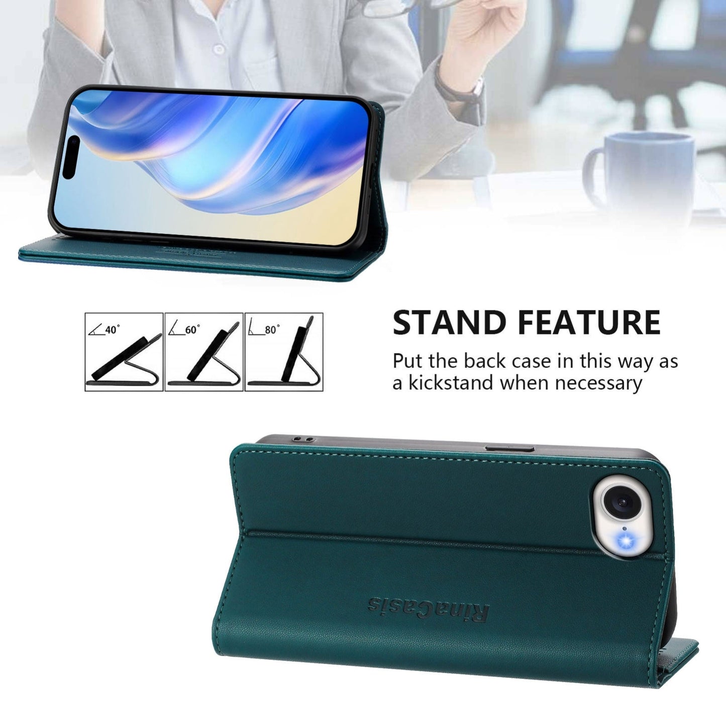 For iPhone 16e RC01 Dual-Folded Magnetic Suction RFID Leather Phone Case(Dark Green)
