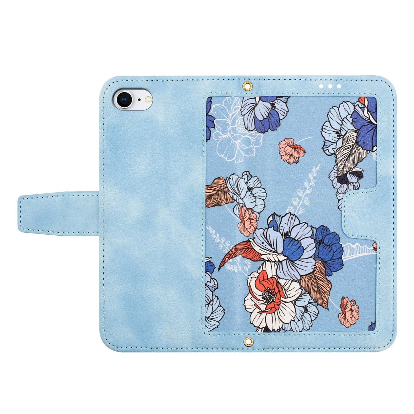 For iPhone 16e Floral Pattern Leather Phone Case with Lanyard(Light Blue)