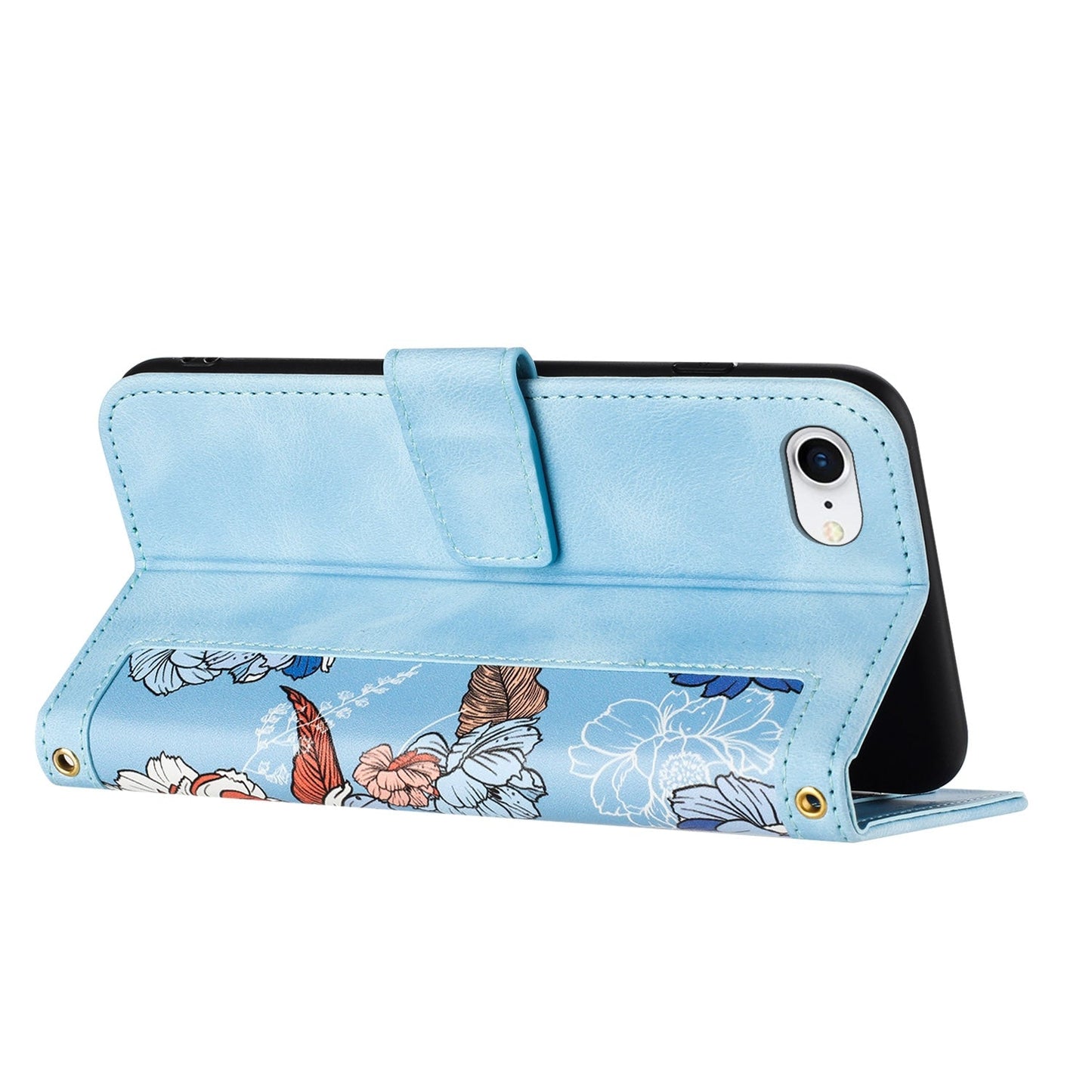 For iPhone 16e Floral Pattern Leather Phone Case with Lanyard(Light Blue)