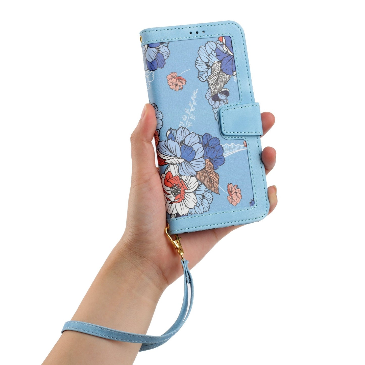 For iPhone 16e Floral Pattern Leather Phone Case with Lanyard(Light Blue)