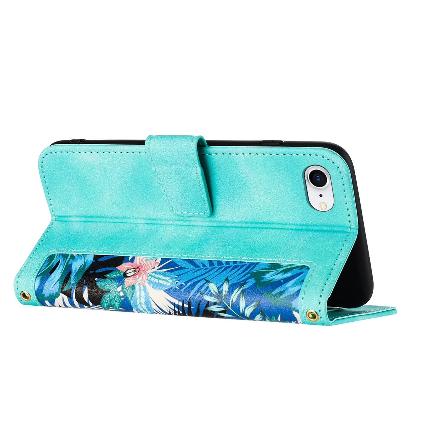 For iPhone 16e Floral Pattern Leather Phone Case with Lanyard(Green)