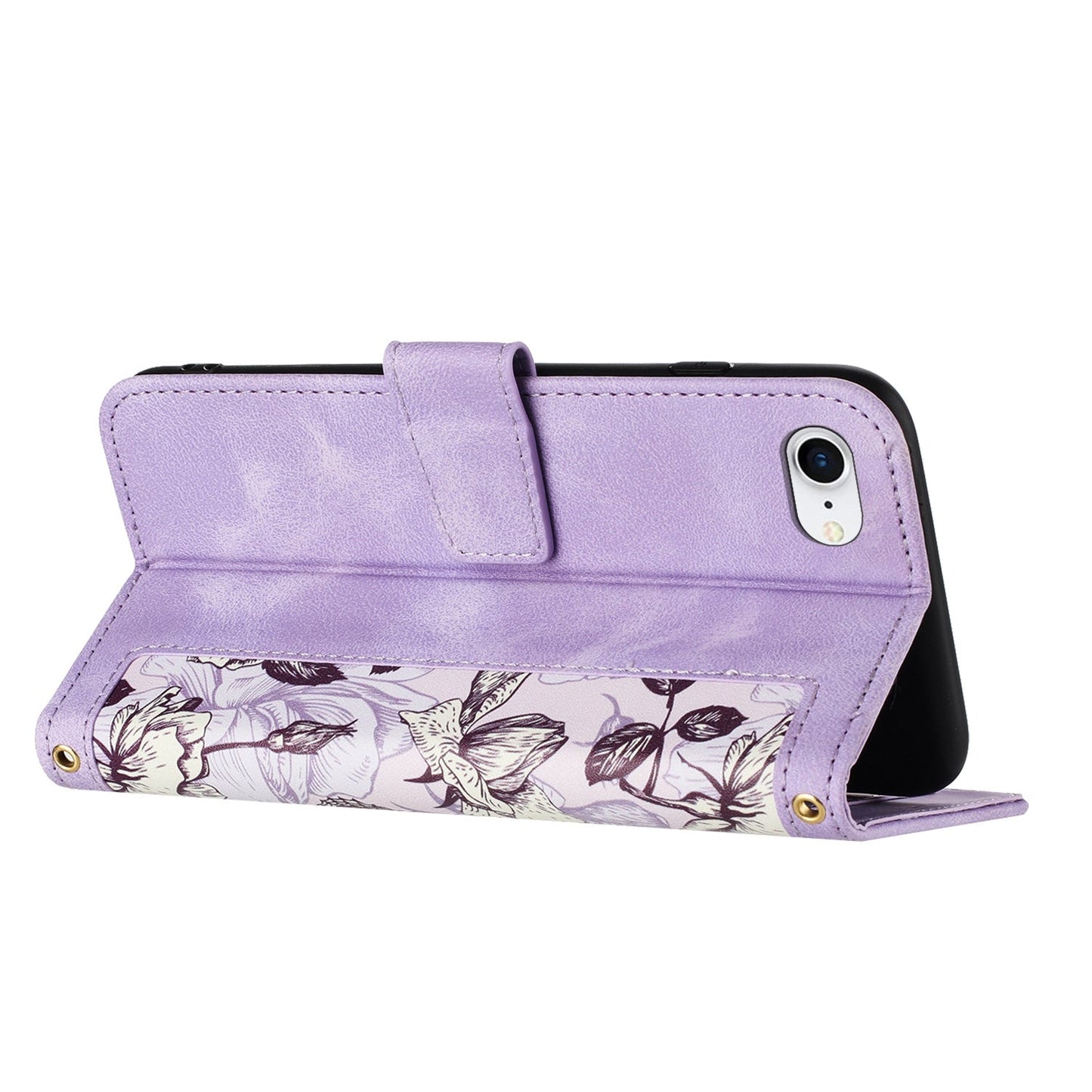 For iPhone 16e Floral Pattern Leather Phone Case with Lanyard(Light Purple)