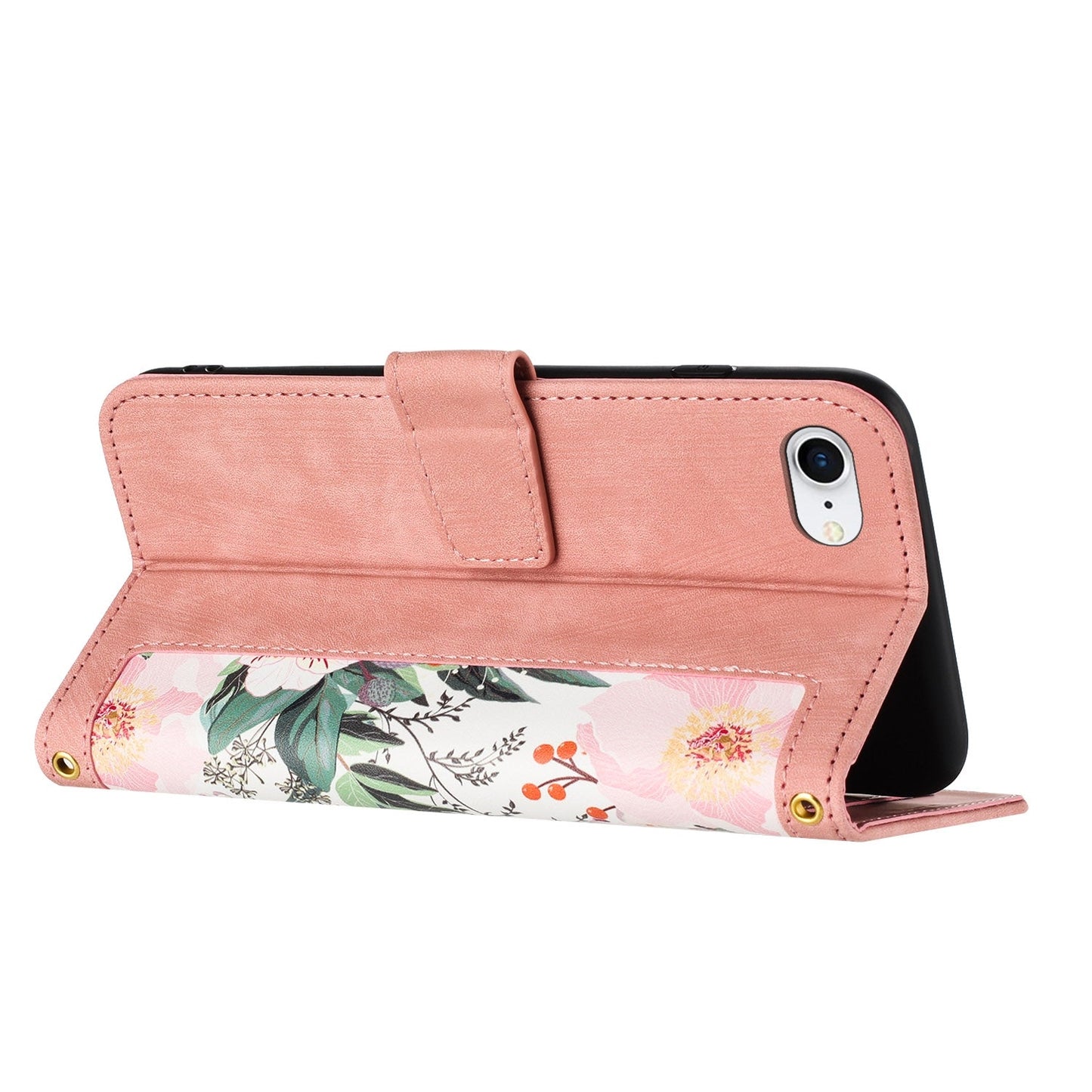 For iPhone 16e Floral Pattern Leather Phone Case with Lanyard(Pink)