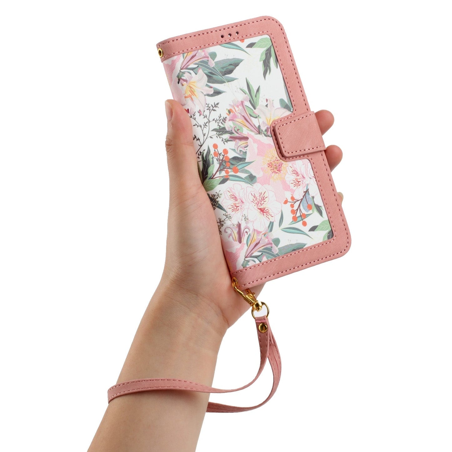 For iPhone 16e Floral Pattern Leather Phone Case with Lanyard(Pink)