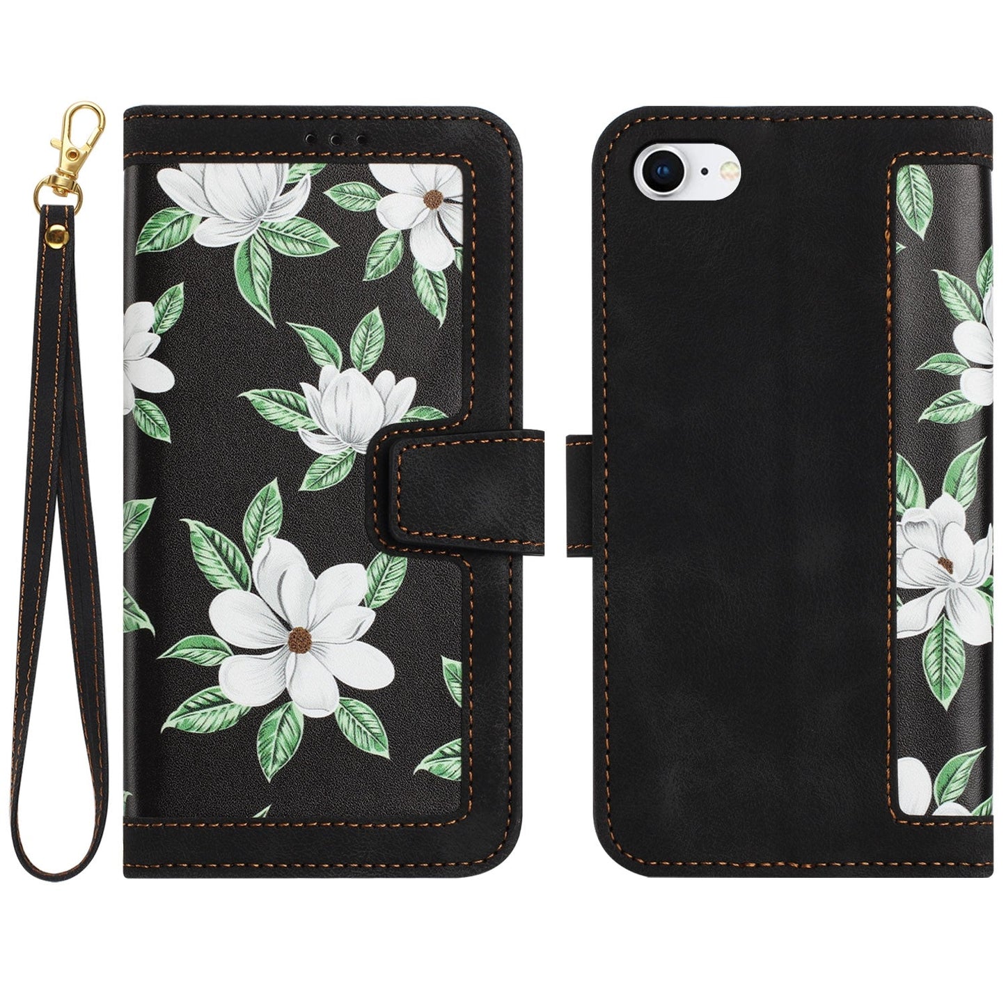 For iPhone 16e Floral Pattern Leather Phone Case with Lanyard(Black)