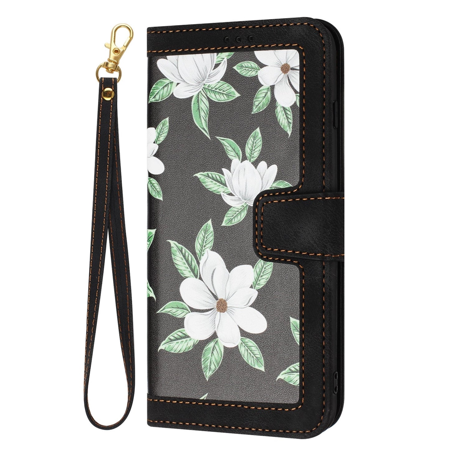 For iPhone 16e Floral Pattern Leather Phone Case with Lanyard(Black)