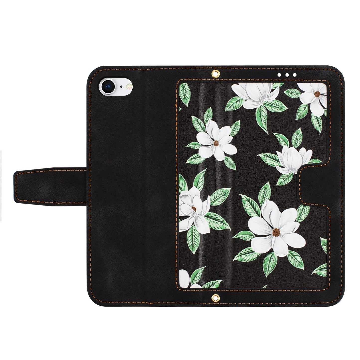 For iPhone 16e Floral Pattern Leather Phone Case with Lanyard(Black)