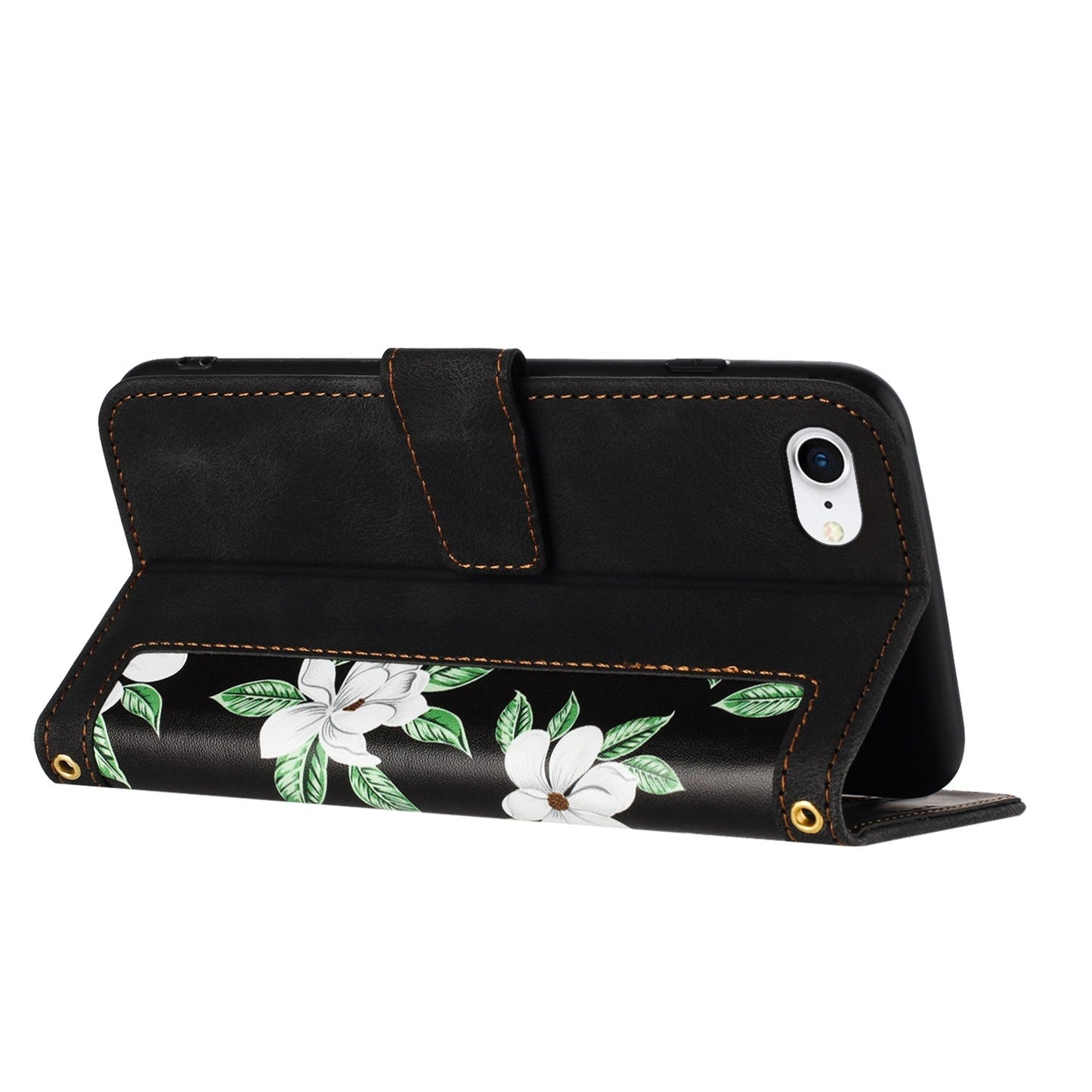 For iPhone 16e Floral Pattern Leather Phone Case with Lanyard(Black)