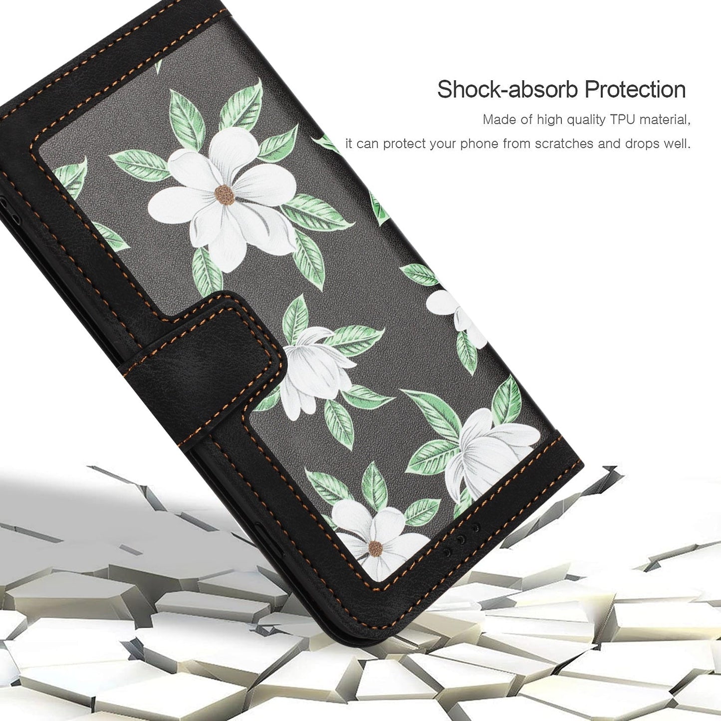 For iPhone 16e Floral Pattern Leather Phone Case with Lanyard(Black)