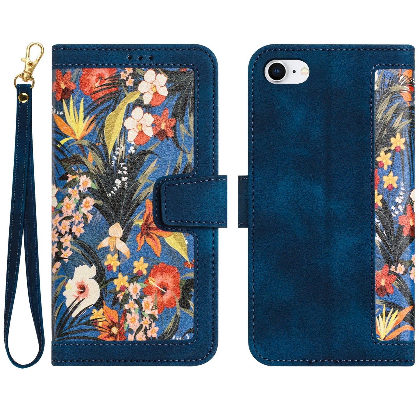 For iPhone 16e Floral Pattern Leather Phone Case with Lanyard(Dark Blue)