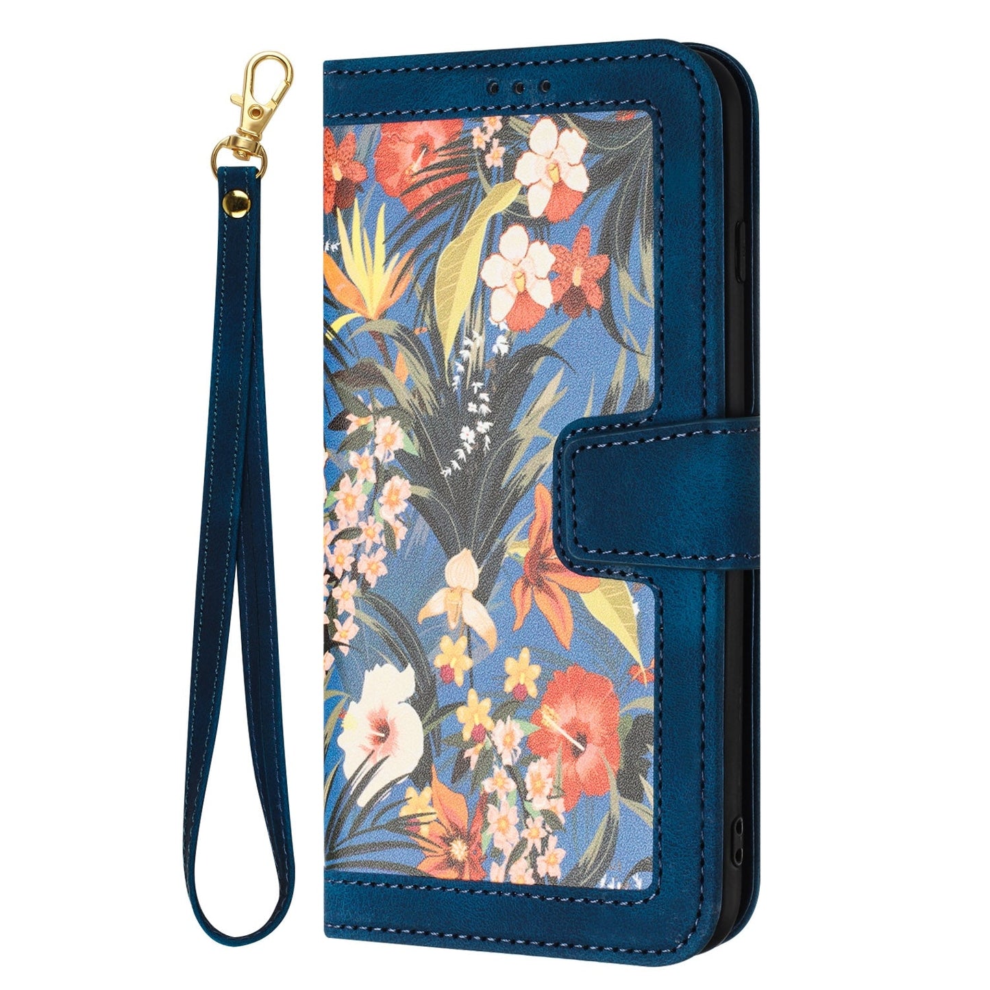 For iPhone 16e Floral Pattern Leather Phone Case with Lanyard(Dark Blue)