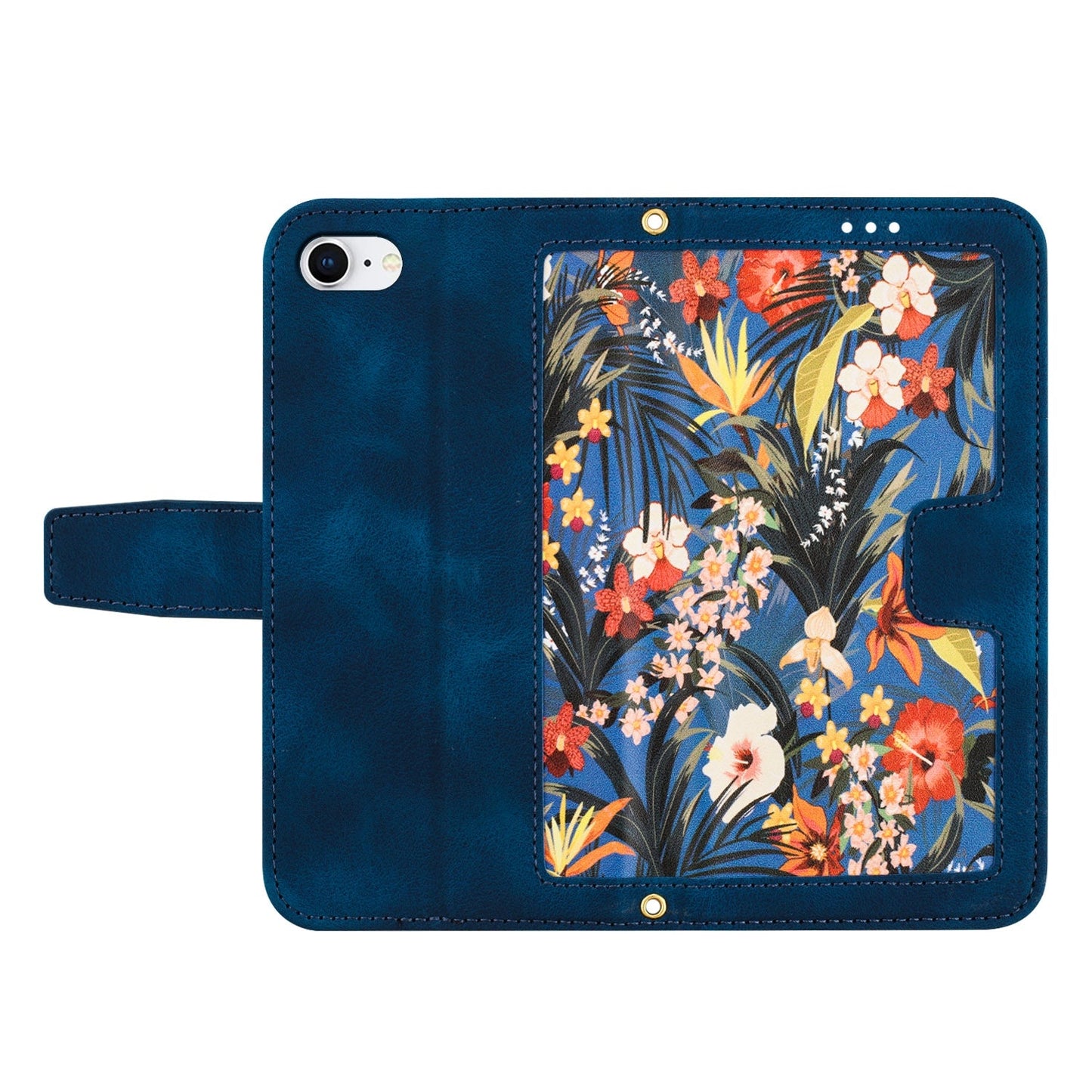 For iPhone 16e Floral Pattern Leather Phone Case with Lanyard(Dark Blue)