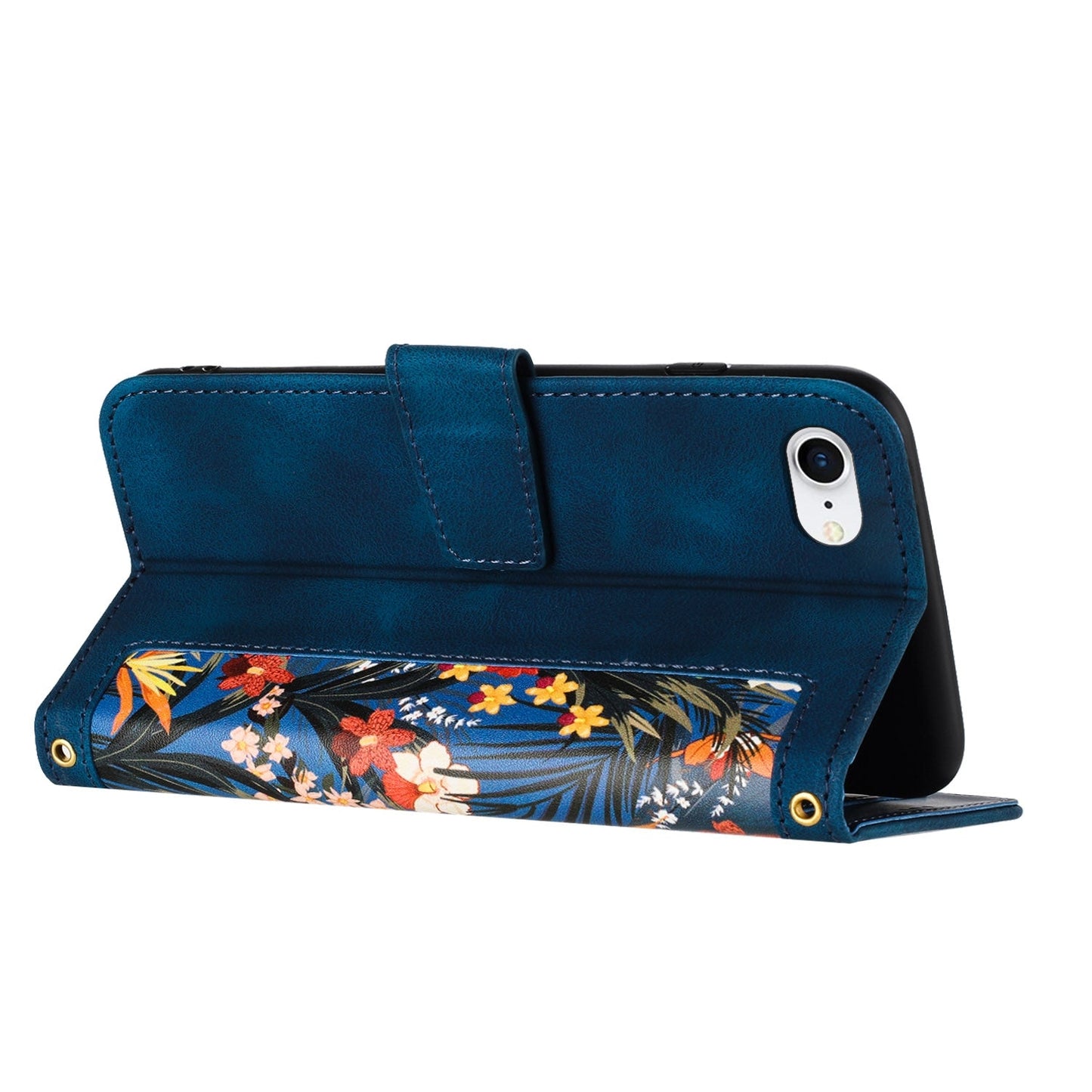 For iPhone 16e Floral Pattern Leather Phone Case with Lanyard(Dark Blue)
