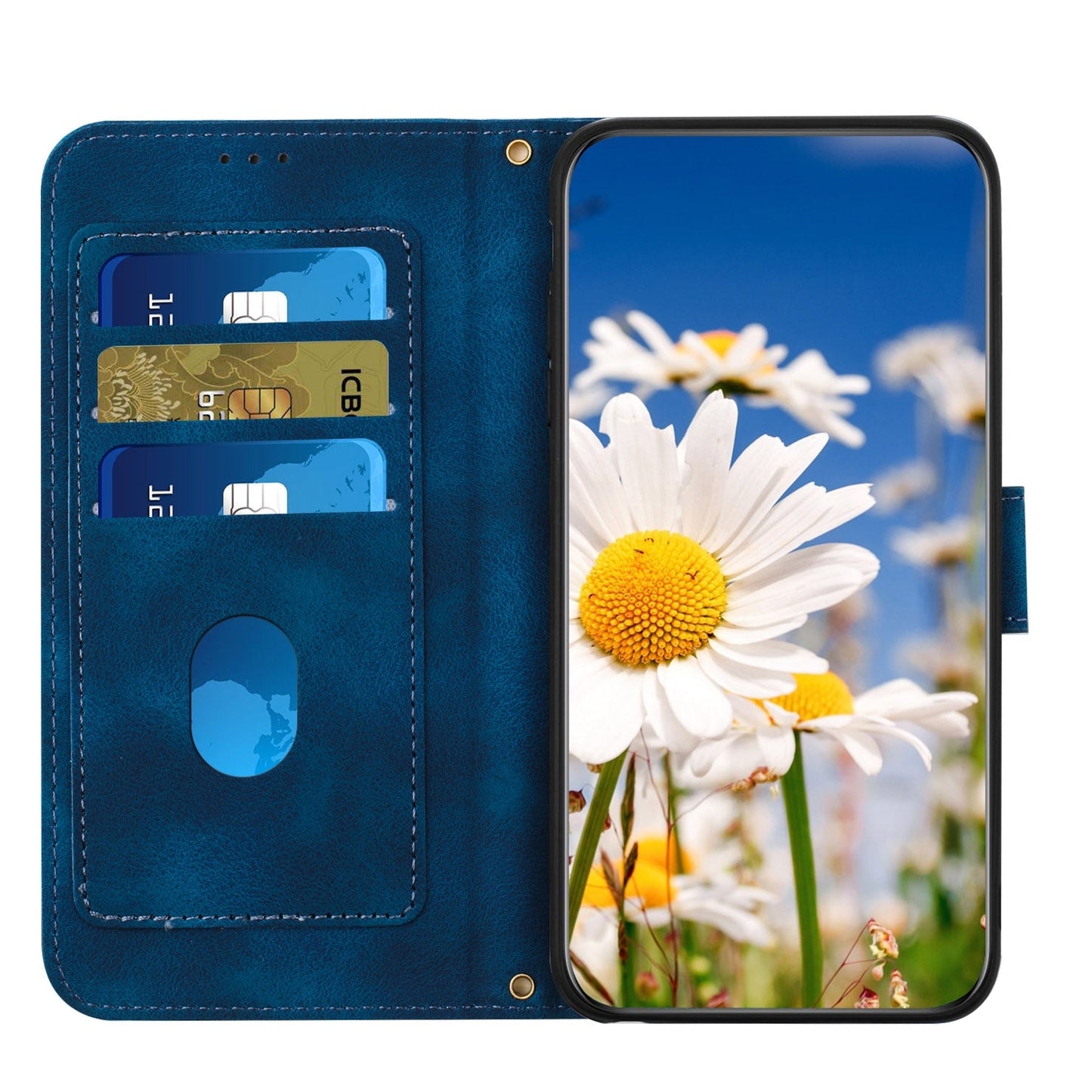 For iPhone 16e Floral Pattern Leather Phone Case with Lanyard(Dark Blue)