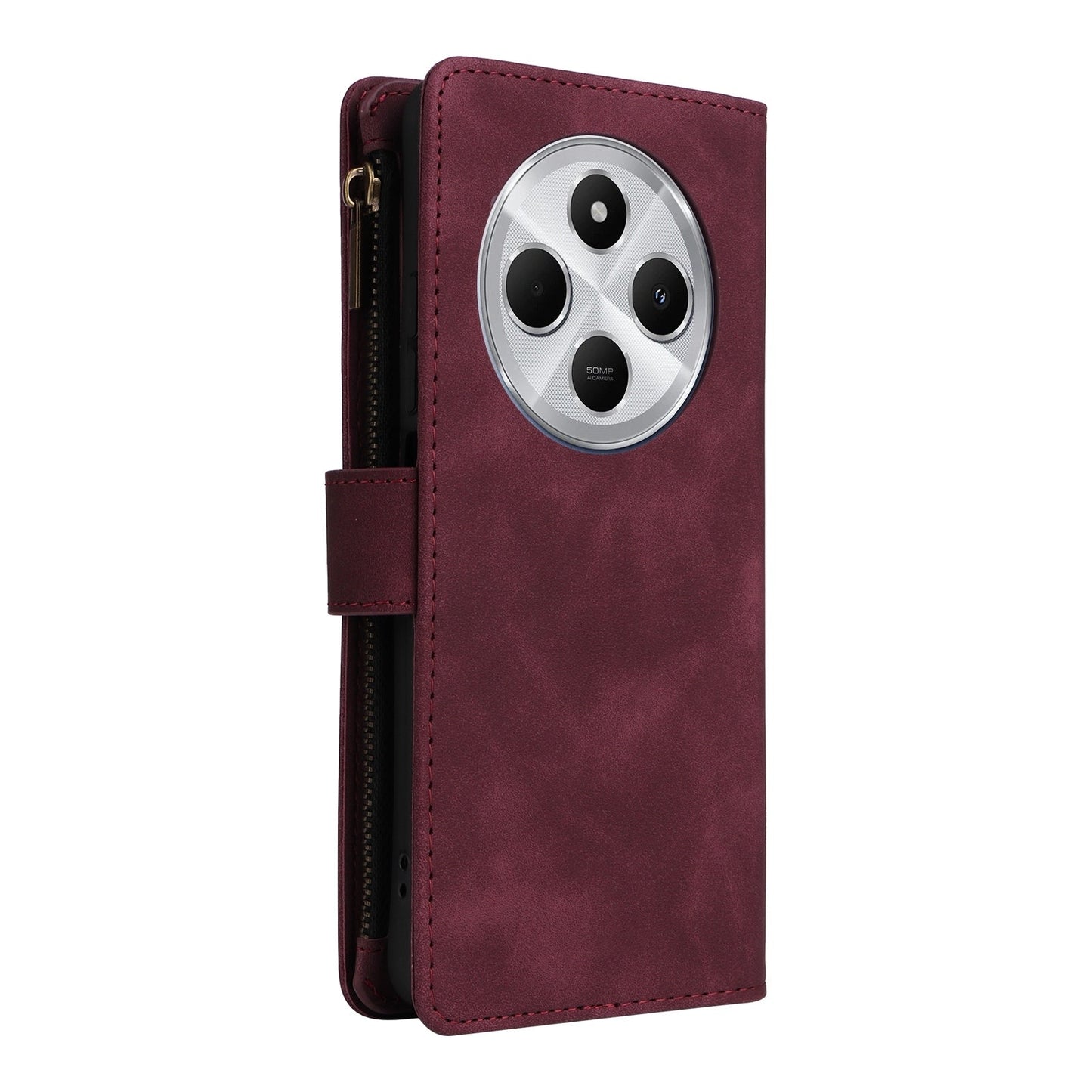 For Redmi 14C 4G Multifunctional Frosted Zipper Wallet Leather Phone Case(Wine Red)