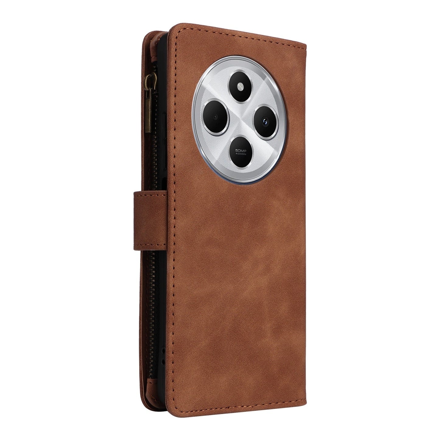 For Redmi 14C 4G Multifunctional Frosted Zipper Wallet Leather Phone Case(Brown)