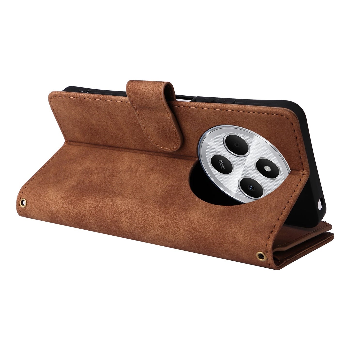 For Redmi 14C 4G Multifunctional Frosted Zipper Wallet Leather Phone Case(Brown)