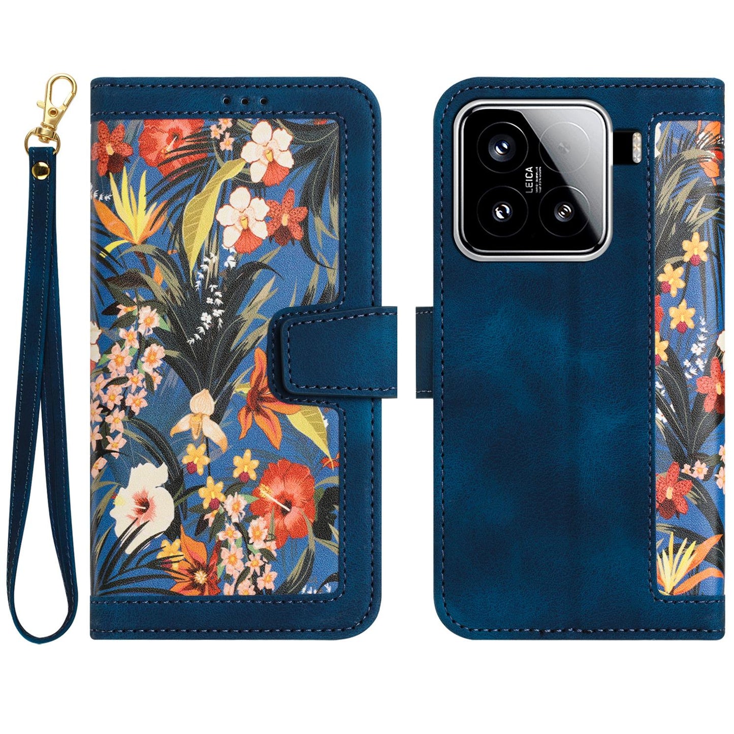 For Xiaomi 15 Pro Floral Pattern Leather Phone Case with Lanyard(Dark Blue)