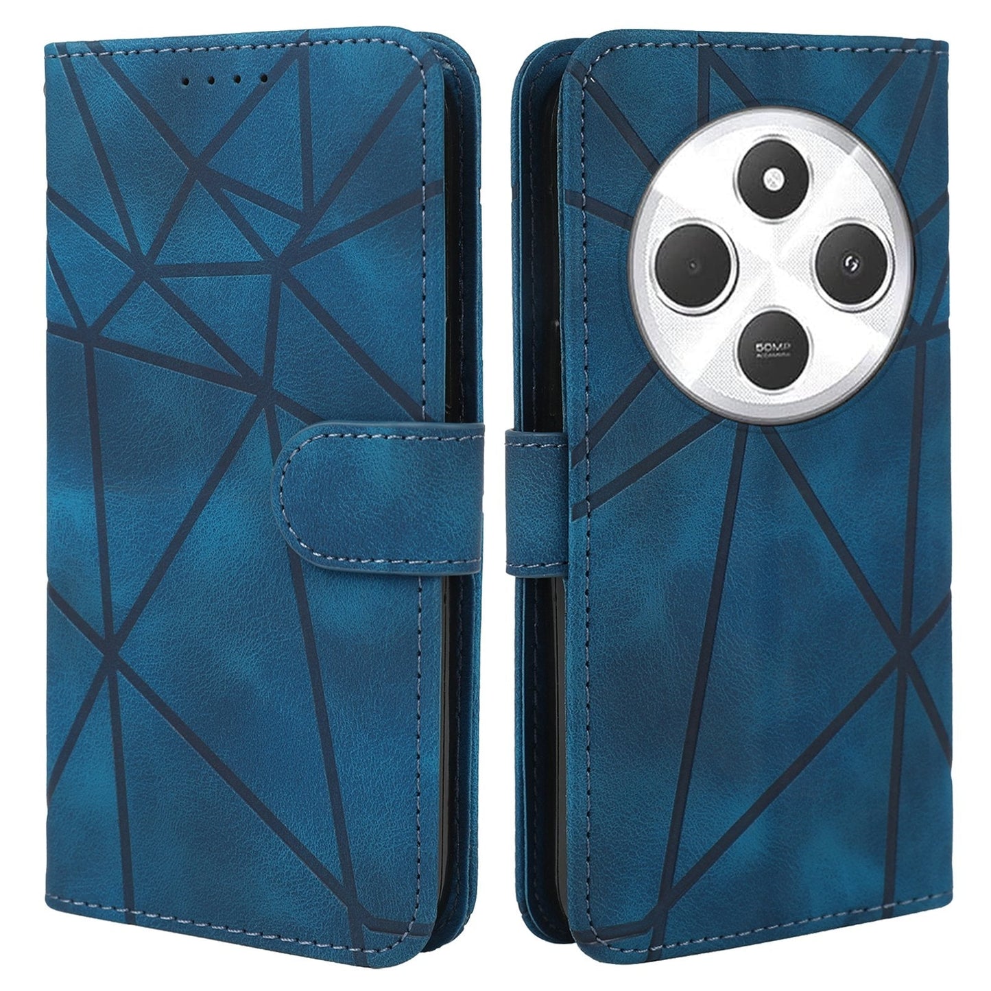 For Redmi 14C 4G Skin Feel Geometric Lines Leather Phone Case(Blue)