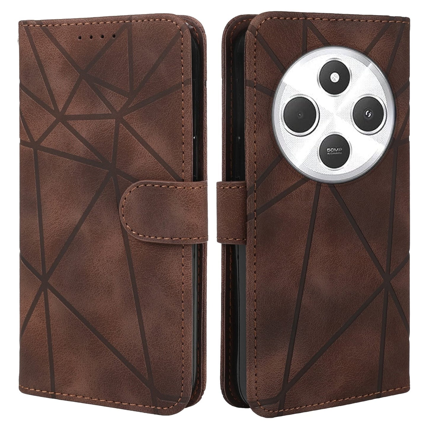 For Redmi 14C 4G Skin Feel Geometric Lines Leather Phone Case(Brown)
