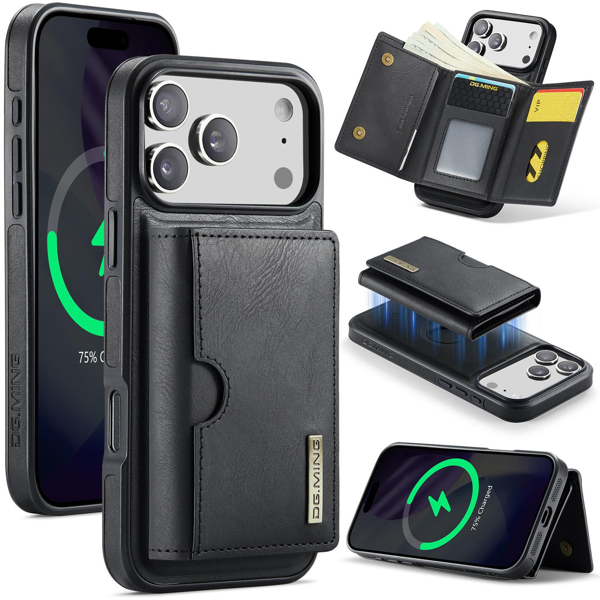 Compatible with iPhone 18 Pro Max & 17 Pro Max DG.MING M6 Series RFID Tri-fold Card Bag Removable Leather Phone Case - Black