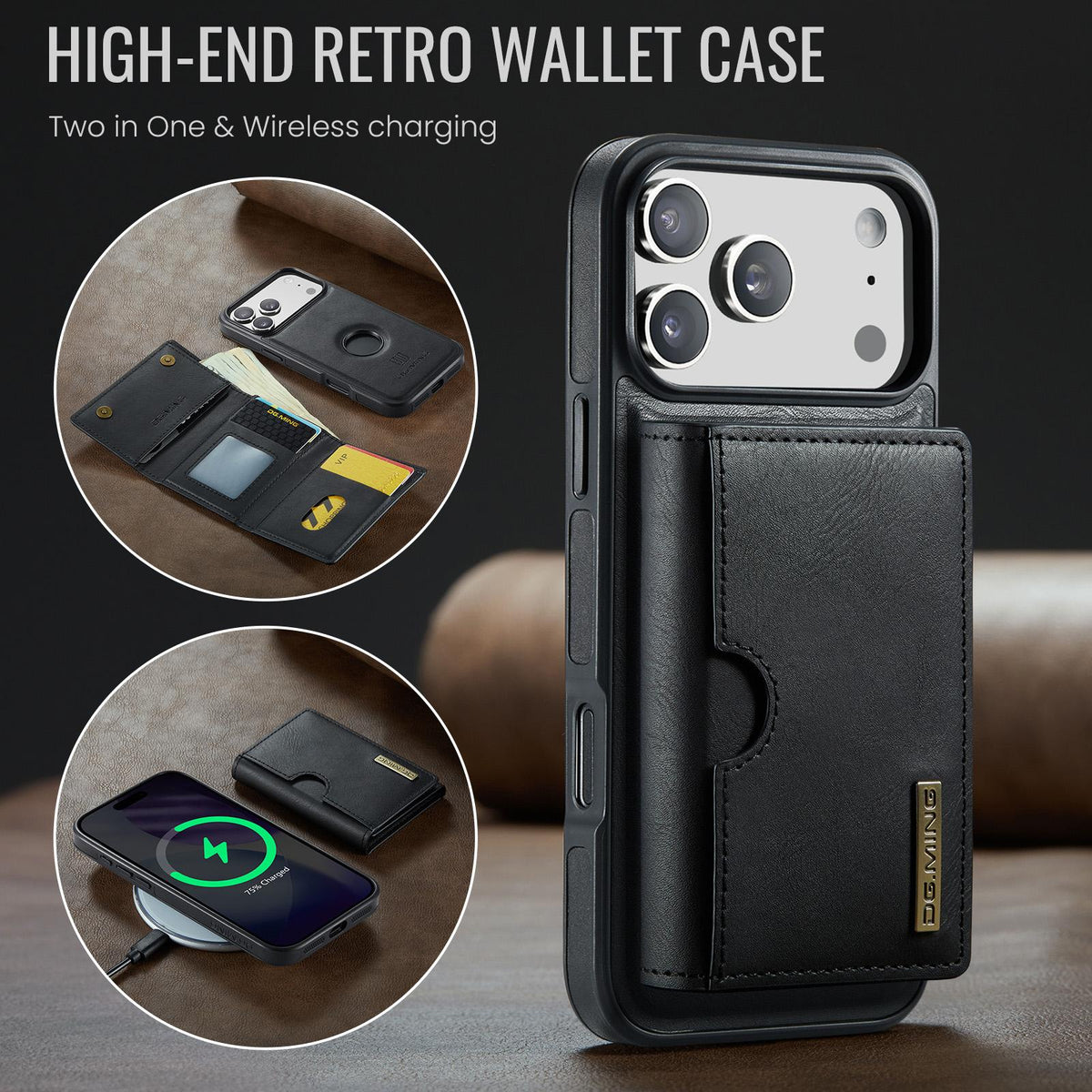 Compatible with iPhone 18 Pro Max & 17 Pro Max DG.MING M6 Series RFID Tri-fold Card Bag Removable Leather Phone Case - Black
