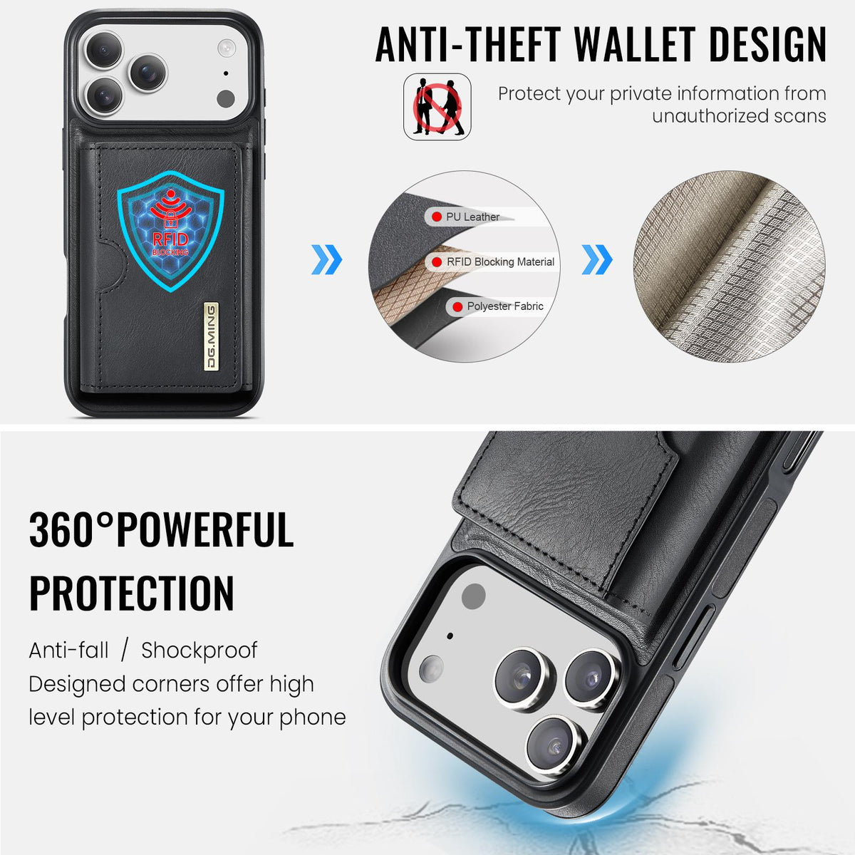 Compatible with iPhone 18 Pro Max & 17 Pro Max DG.MING M6 Series RFID Tri-fold Card Bag Removable Leather Phone Case - Black