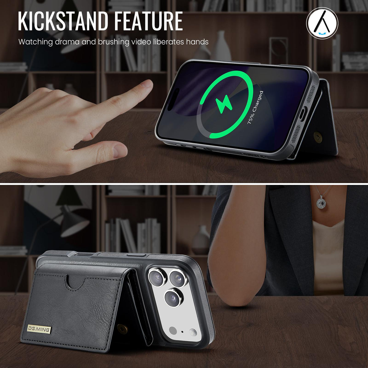 Compatible with iPhone 18 Pro Max & 17 Pro Max DG.MING M6 Series RFID Tri-fold Card Bag Removable Leather Phone Case - Black