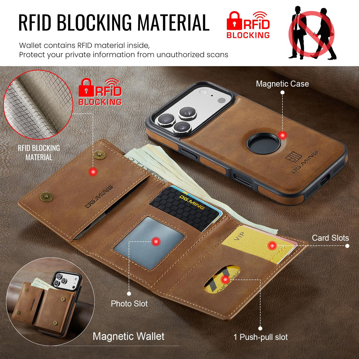 Compatible with iPhone 18 Pro Max & 17 Pro Max DG.MING M6 Series RFID Tri-fold Card Bag Removable Leather Phone Case - Brown