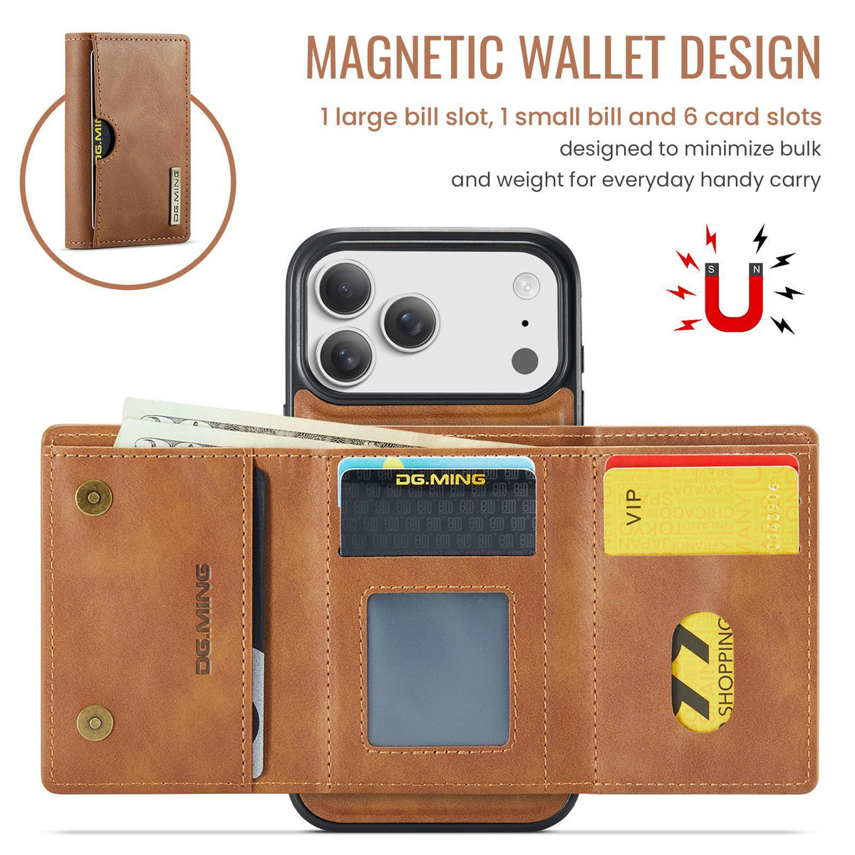 Compatible with iPhone 18 Pro Max & 17 Pro Max DG.MING M6 Series RFID Tri-fold Card Bag Removable Leather Phone Case - Brown