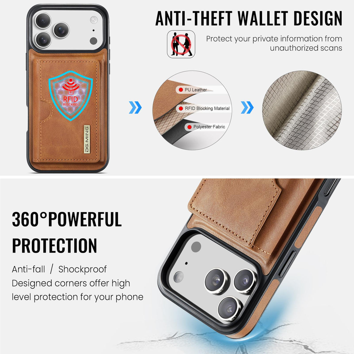 Compatible with iPhone 18 Pro Max & 17 Pro Max DG.MING M6 Series RFID Tri-fold Card Bag Removable Leather Phone Case - Brown