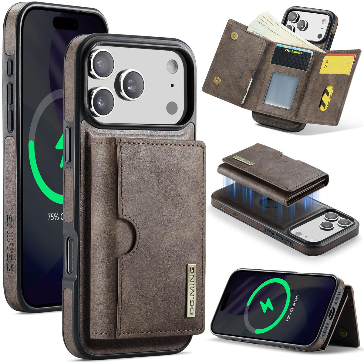 Compatible with iPhone 18 Pro Max & 17 Pro Max DG.MING M6 Series RFID Tri-fold Card Bag Removable Leather Phone Case - Coffee
