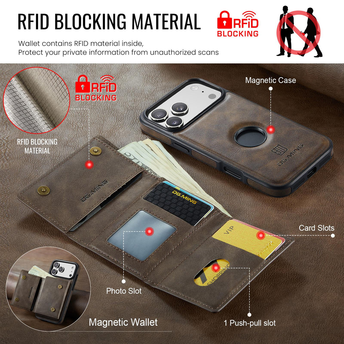 Compatible with iPhone 18 Pro Max & 17 Pro Max DG.MING M6 Series RFID Tri-fold Card Bag Removable Leather Phone Case - Coffee