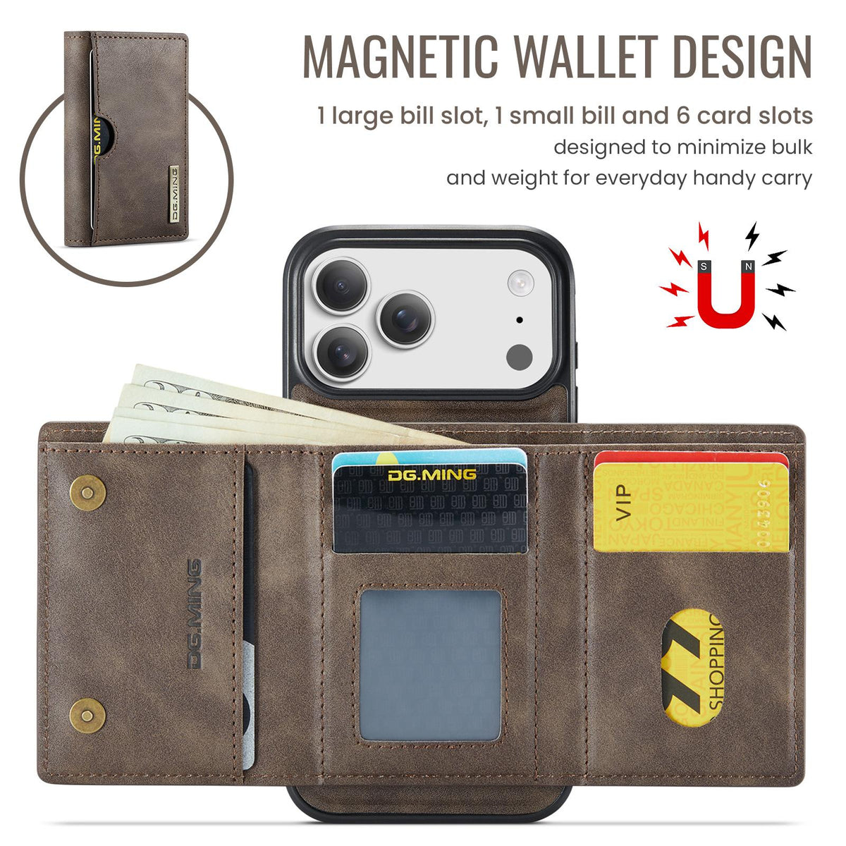 Compatible with iPhone 18 Pro Max & 17 Pro Max DG.MING M6 Series RFID Tri-fold Card Bag Removable Leather Phone Case - Coffee