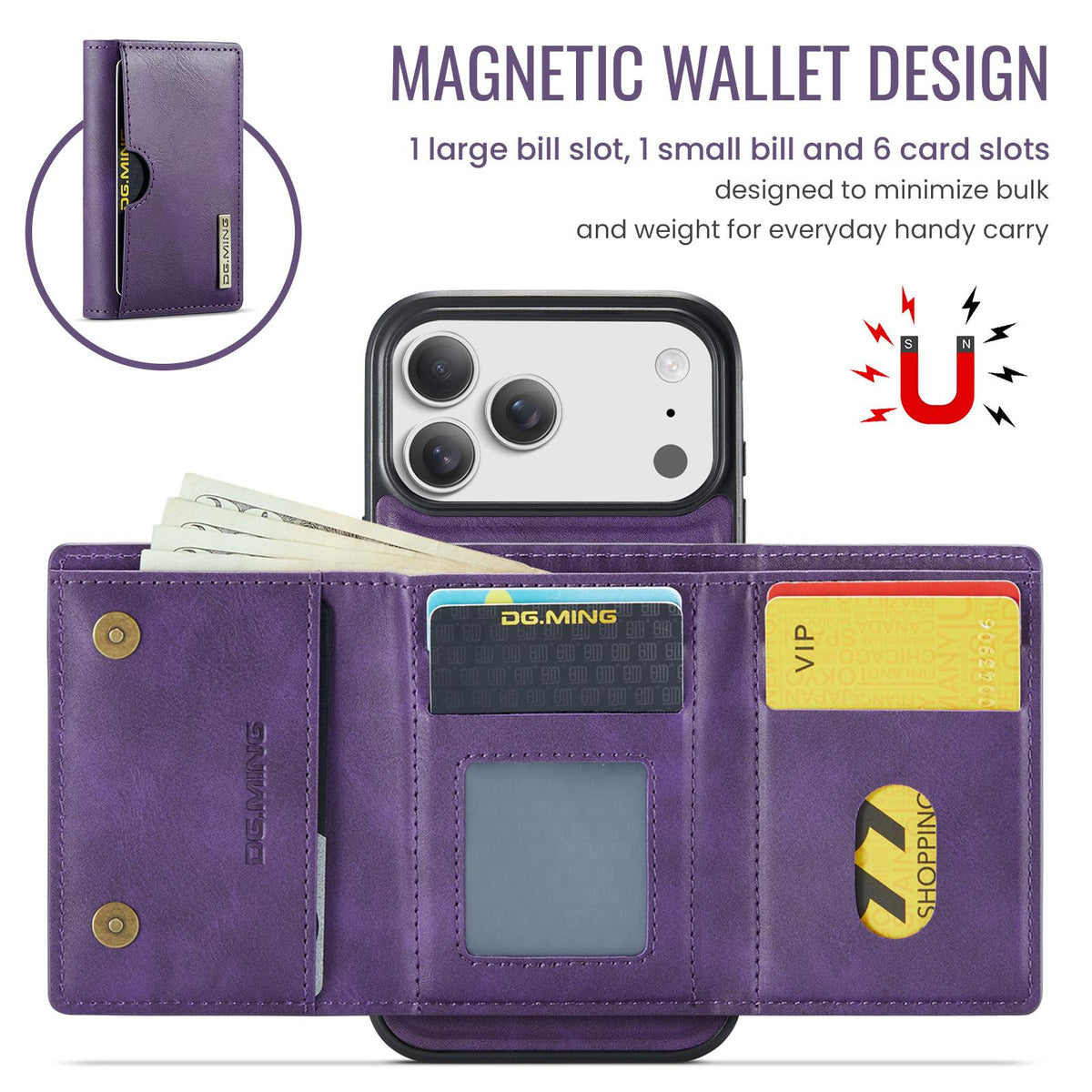 Compatible with iPhone 18 Pro Max & 17 Pro Max DG.MING M6 Series RFID Tri-fold Card Bag Removable Leather Phone Case - Purple